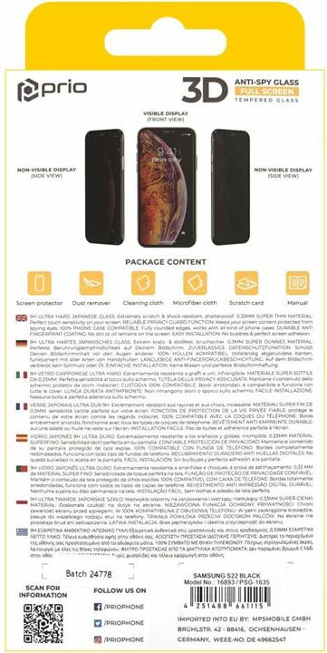Produktbild prio 3D Anti-Spy Tempered Glass for Samsung S22 black (1 Stk., Samsung Galaxy S22)