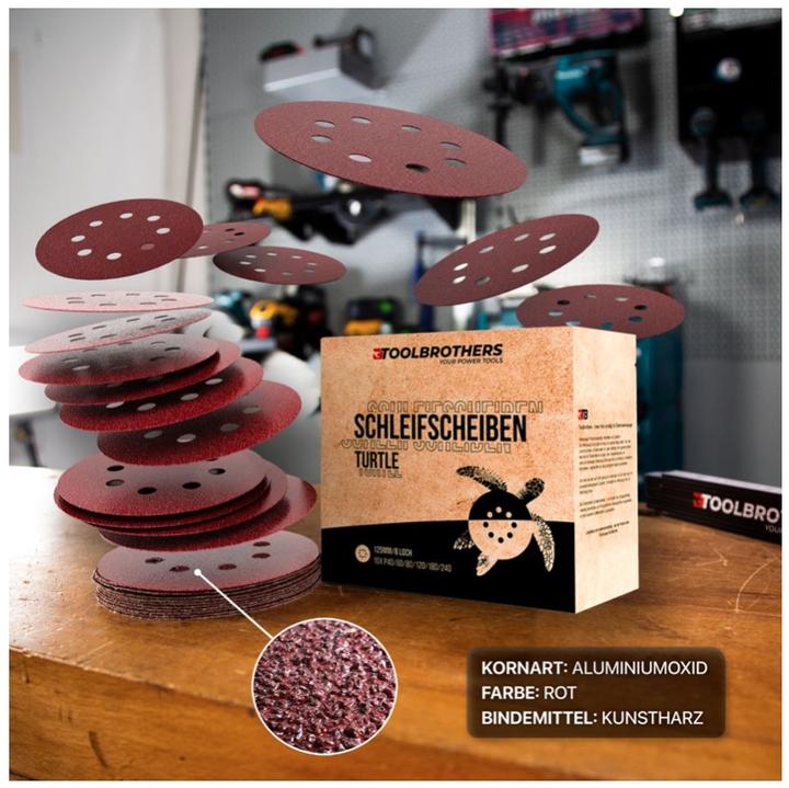 Produktbild Tool Brothers TURTLE Schleifset SET 125mm Klett 8 Loch je 20x P40 / P60 / P80 / P120 / P180 / 240 für (P120, P180, P240, P40, P60, P80)