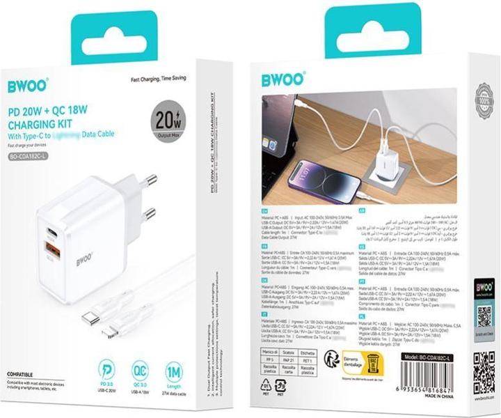 Actual product image Bwoo wall charger CDA182 QC 38W 1x USB-A + 1x USB-C with USB-C C-Lightning cable 1 m black (38 W, 2 ports)
