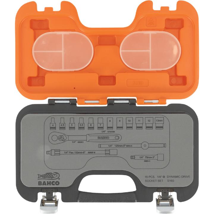 Actual product image Bahco 1/4"-Steckschlüssel-Satz, metrisch, Sechskant, inklusive Umschaltknarre - 16-teilig (13 mm, 8 mm, 10 mm, 4 mm, 11 mm, 7 mm, 12 mm, 6 mm, 9 mm, 5 mm)