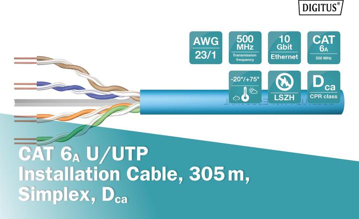 Image du produit Digitus Cat.6A U/UTP installation cable, 305 m, simplex, Dca (U/UTP, CAT6a, 305 m)