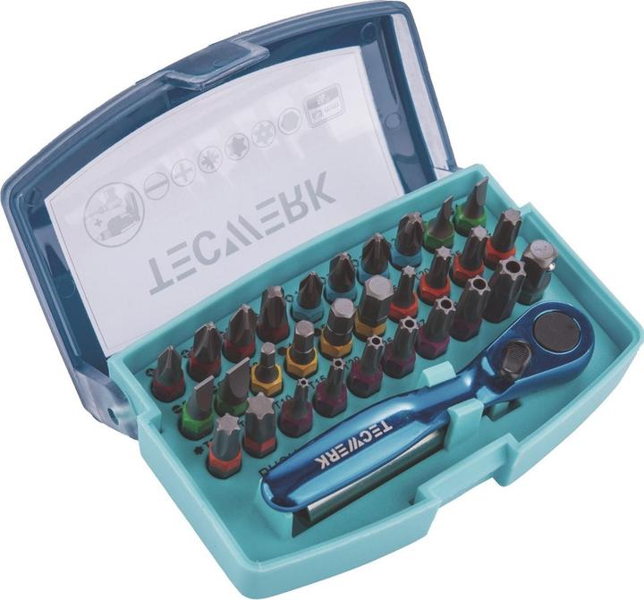 Produktbild Tecwerk Bitsortiment 33 teilig Schlitz/PH/PZD/T/6KT./Bitknarre (Innensechskant, Innensechsrund TX, Kreuz Phillips PH)