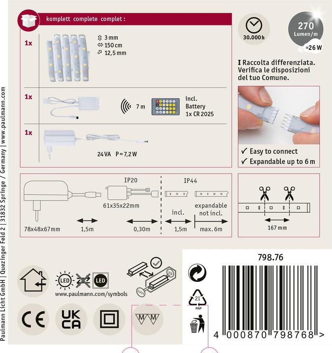 Productafbeelding Paulmann Max LED (Daglicht, Neutraal wit, Warm wit, 150 cm, Interieur)