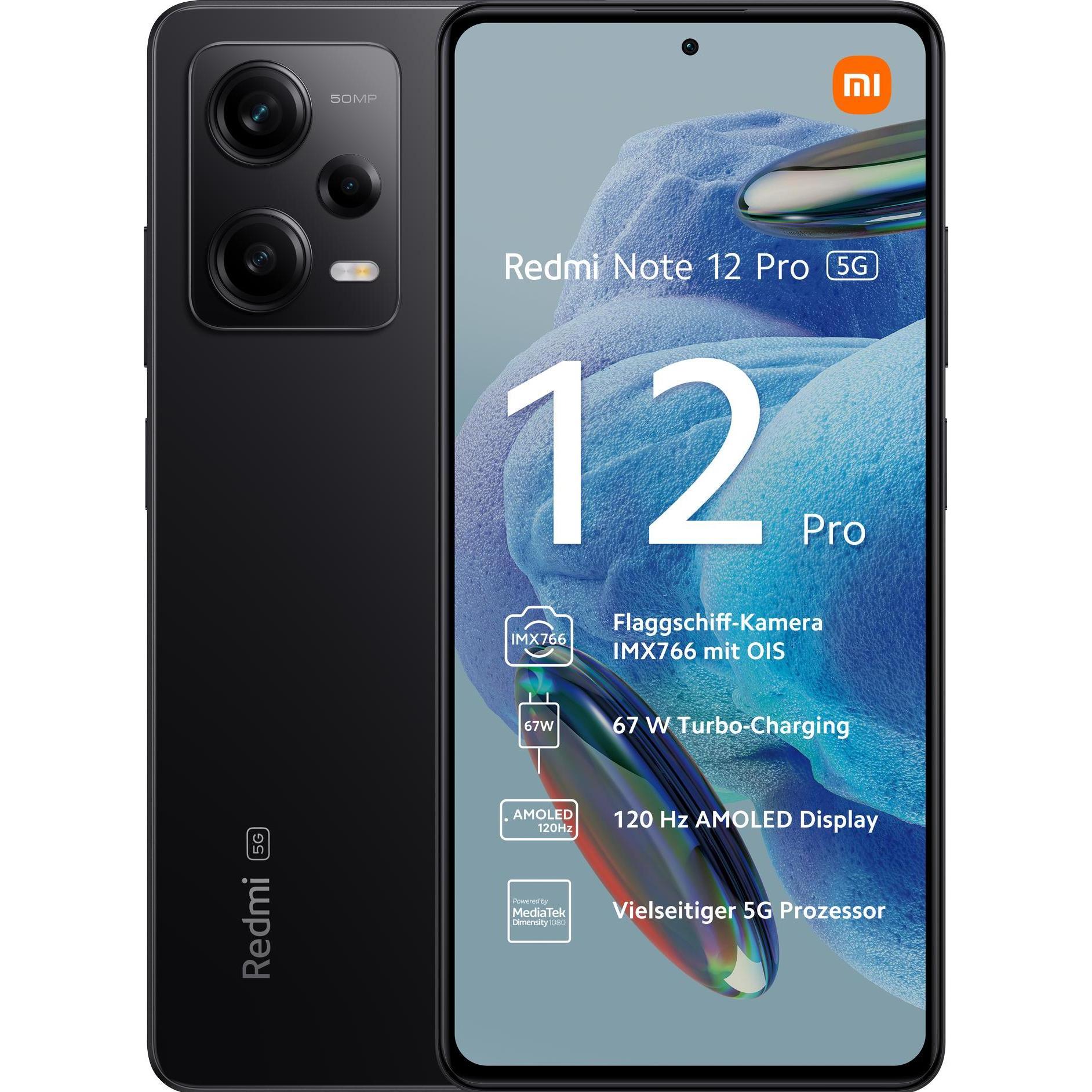 Xiaomi Redmi Note 12 Pro 5G (128 GB, Midnight Black, 6.67", Dual SIM, 50 Mpx, 5G), Smartphone, Schwarz