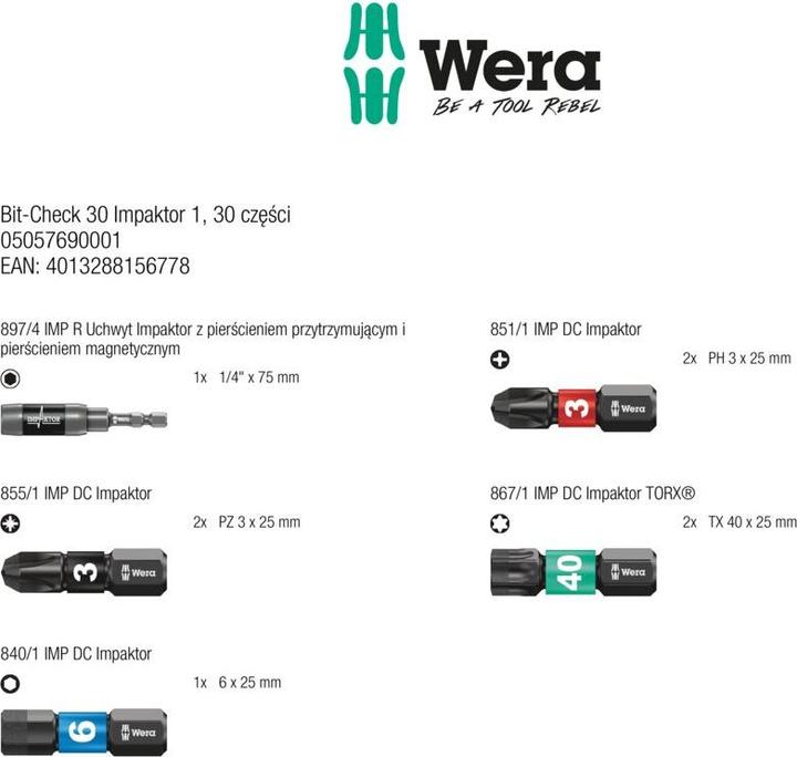 Produktbild Wera Bit-Check 30 Impaktor 1 (Kreuz Pozidriv PZ, Kreuz Phillips PH)