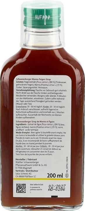 Nährwerte und Zutaten Schönenberger Manna Feigen Sirup
