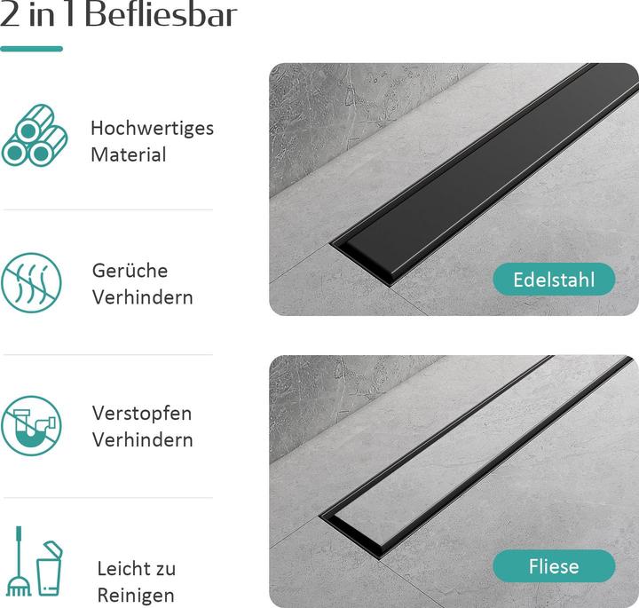 Produktbild Emke Duschrinne Edelstahl, Bodenablauf Komplettset Siphon mit Geruchsstop, Haarsieb, 500cm, Schwarz (500 mm)