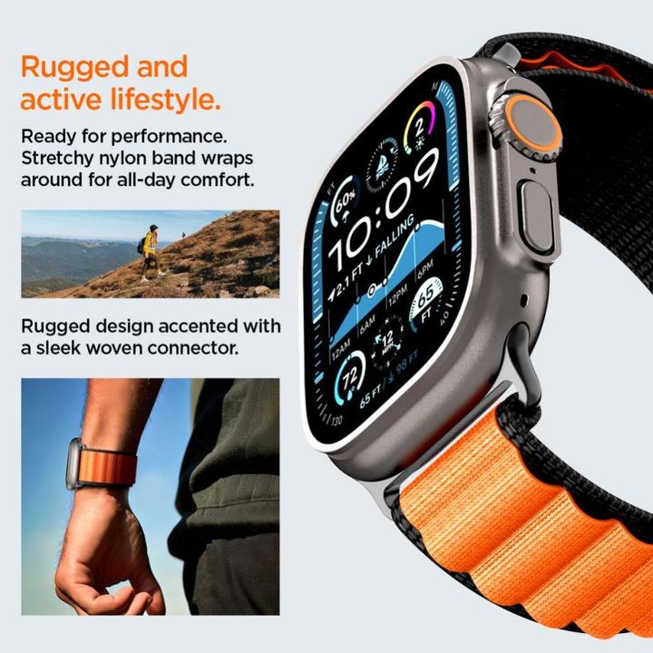 Produktbild Spigen WBF1 Armband für Apple Watch 44 / 45 / 46 / 49 mm - Schwarz und Orange (44 mm, 45 mm, 46 mm, 49 mm, Nylon)