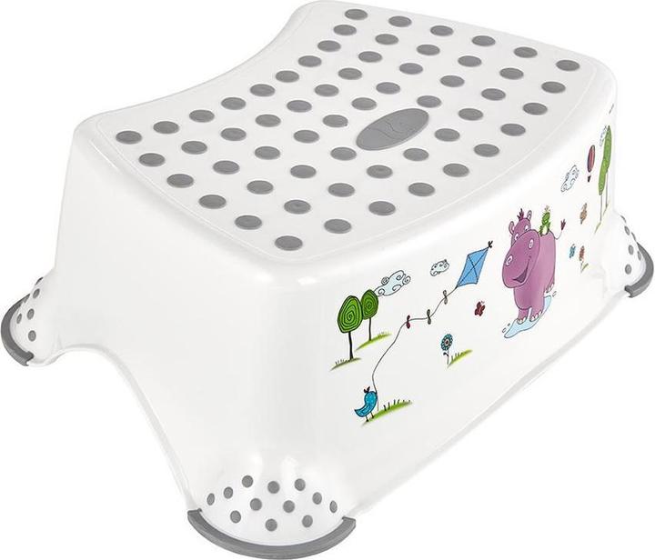 Produktbild keeeper Kindertritthocker ""tomek hippo"", weiß mit Aufdruck Belastbarkeit: 100 kg, gummierte Oberfläche und