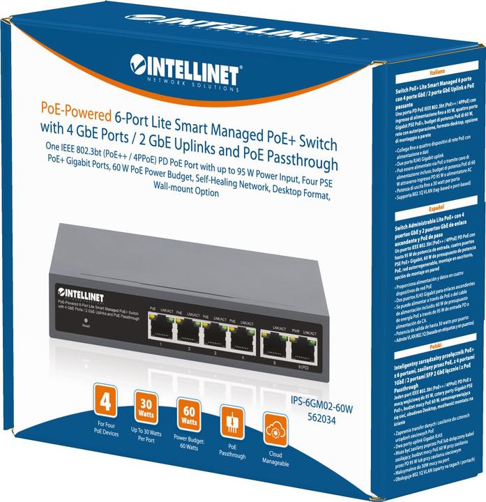 Produktbild Intellinet PoE-Powered 6-Port Lite Smart Managed PoE+ Switch 4xGbE 2xGbE-Uplink und PoE-Passthrough (6 Ports)