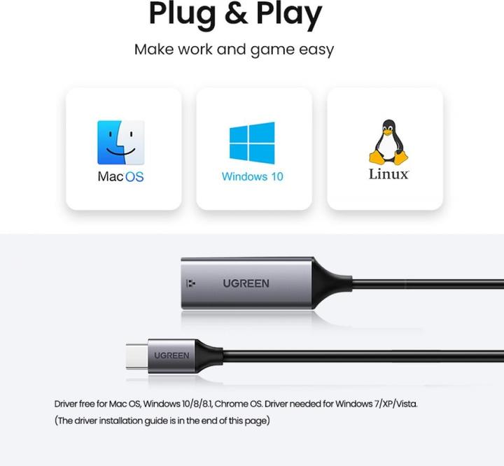 Actual product image Ugreen Gigabit Ethernet Adapter (USB-C 3.1 Gen 1, RJ45 (1x))