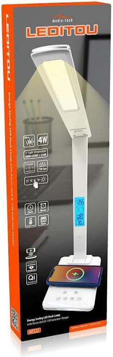 Actual product image Media-Tech LEDITOU - Energy-saving LED desk lamp with 15W QI wireless charger. Illuminated alarm clock with °C