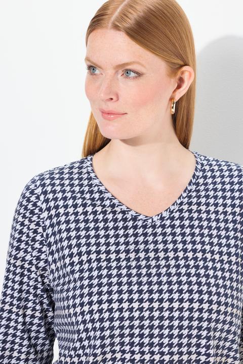 Image du produit Ulla Popken T-shirt à col V et manches 3/4, en coton Pima, motif pied-de-poule (42, 44)