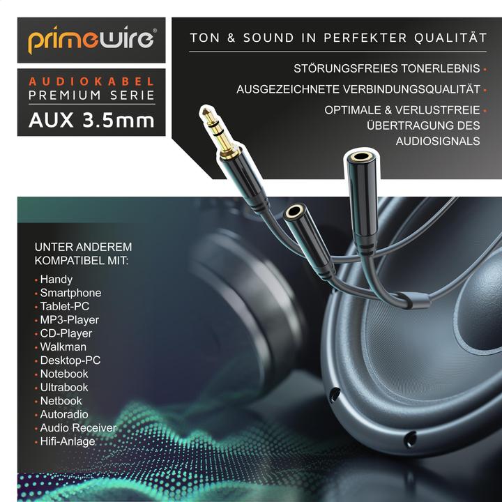 Image du produit Primewire Adaptateur audio jack 3,5 mm vers 2x jack 3,5 mm, 15 cm, audio stéréo AUX vers adaptateur Y 2x jack (0.15 m, Jack 3,5 mm (AUX))