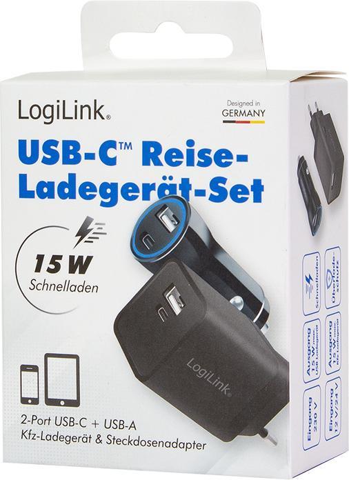 Produktbild LogiLink USB-Ladeadapter-Set, Auto & AC, USB-C/F + USB-A/F, 5 V/15 W, schwarz