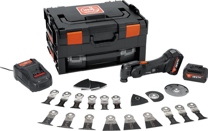 diverse Säge- und Schleifblätter, Schnellladegerät, Kunststoff-Werkzeugkoffer (L-Boxx 136), 2x Li-Ionen-Akku-Packs GBA 18 V 4.0Ah AS