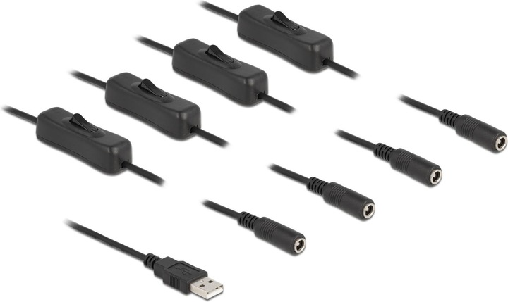 Produktbild Delock Kabel USB Typ-A Stecker zu 4 x DC 5,5 x 2,1 mm Buchse mit Schalter 1 m (1 m, USB-A)