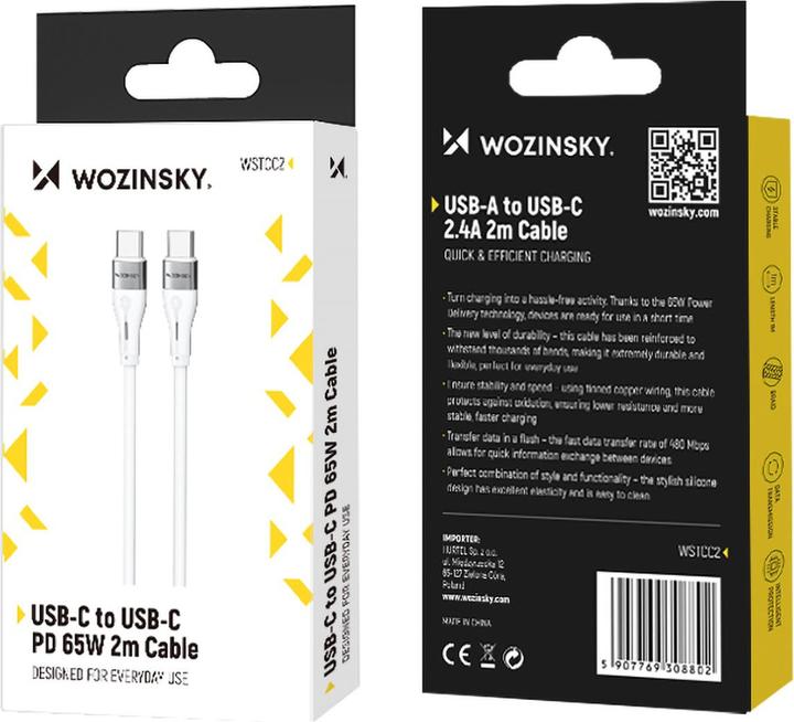 Image du produit Wozinsky Câble WSTCC2 USB-C / USB-C PD 65W 2 m - blanc (2 m, USB 2.0, 65 W)