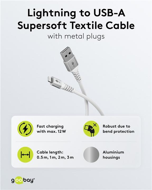 Produktbild Goobay Lightning USB-A Supersoftes Textilkabel mit Metallsteckern, 2 m (2 m, USB 2.0, 60 W)