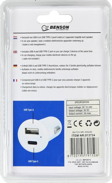 Actual product image Benson Car charger USB A + usb-c 3a 12-24V