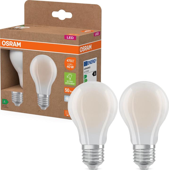 Actual product image Osram LED LAMPS ENERGY CLASS A ENERGY EFFICIENCY FILAMENT CLASSIC A 2.2W 840 Frosted E27 (E27, 2.20 W, 470 lm, 6 x, A)