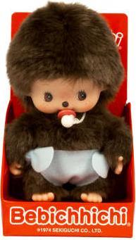 Actual product image Monchhichi Sekiguchi 235370 Original Bebichhichi boy, made of brown plush, with blue diaper, approx. 15 cm (15 cm)