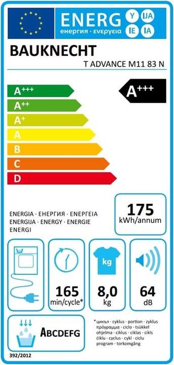 Label énergétique Bauknecht T Advance M11 83 N (8 kg, Modifiable, Gauche)