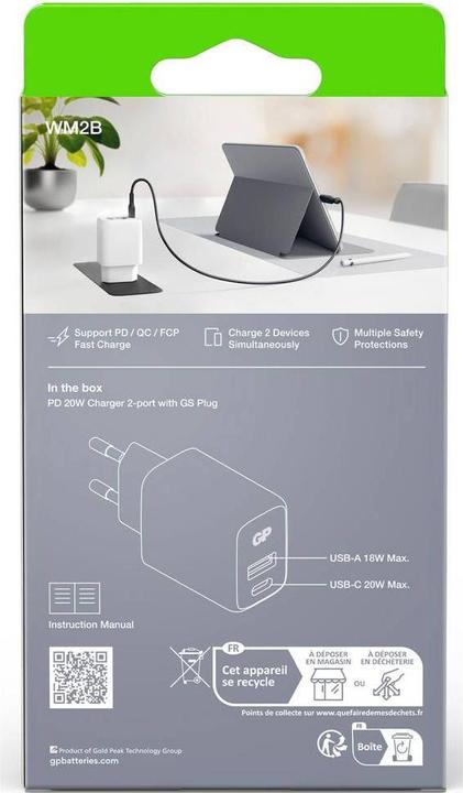 Produktbild GP Batteries GP WM2B USB-Ladegerät 20 W Steckdose Ausgangsstrom (max.) 3000 mA USB-A, USB-C® (20 W, 2 Ports)