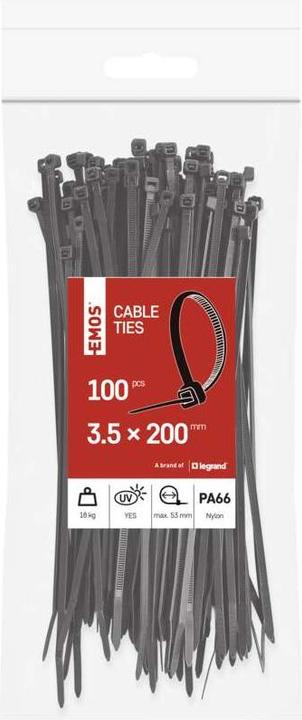 Produktbild Emos Kabelbinder 200×3,5, schwarz, 100 Stk (Kunststoffkabelbinder, 200 mm, 100 Stk.)
