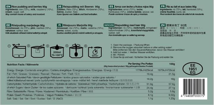 Nährwerte und Zutaten Tactical Foodpack Rice Pudding and Berries (90 g)