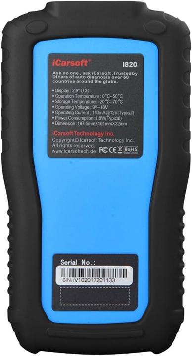 Produktbild ICarsoft OBDII/EOBD & motorcontrolelampje voor de auto, diagnostisch gereedschap I820