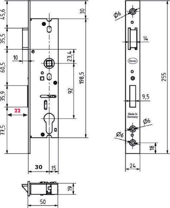 Produktbild Bever Klophaus Rohrrahmenschloss Scuteus Dornmass 30 mm (Einsteckschloss)