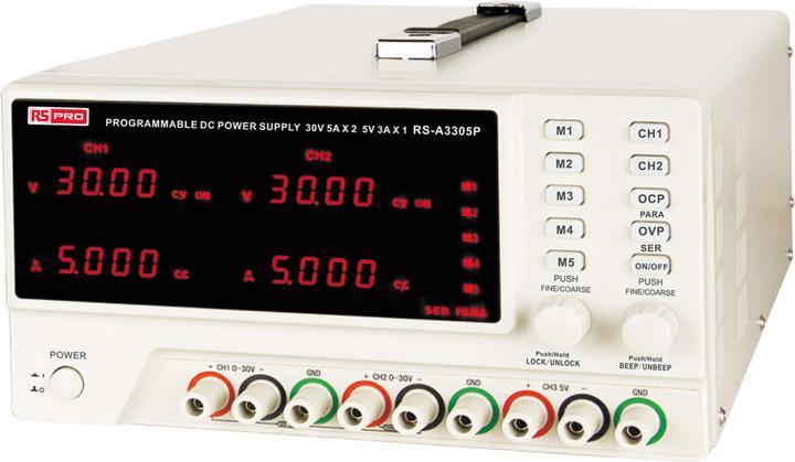 RS PRO 0-30V, 0-5A*2 adjustable, 5V 3A * 1 fixe