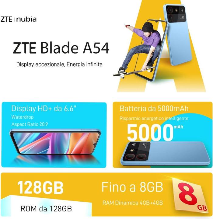 Immagine prodotto ZTE Blade A54 4Gb 128Gb 6.6" Dual (128 GB, Grigio, 6.60", Doppia SIM, 4G)