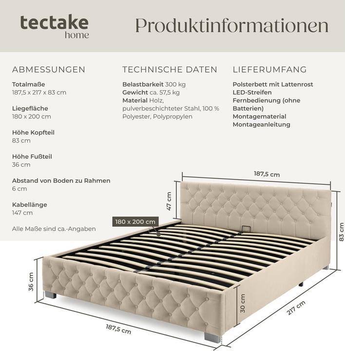 Actual product image tectake Ottoman Bed with LED strips & storage (180 x 200 cm)