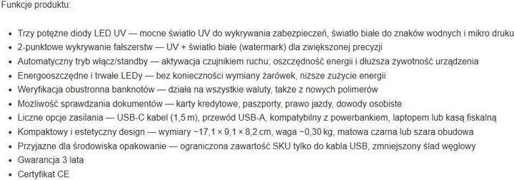 Nutritional values and ingredients Safescan 75 LED UV/Weissl Prüfgerät Währungen, Pässe Schwarz (Bill validator)