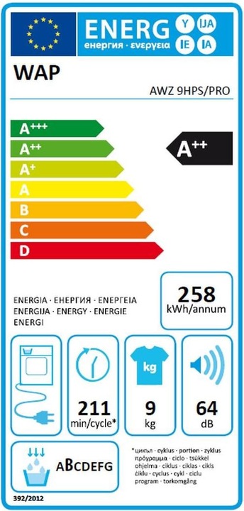 Etichetta energetica Whirlpool Asciugatrice AWZ9 HPS Pro Destra/Rimuovibile (9 kg, A destra, Modificabile)