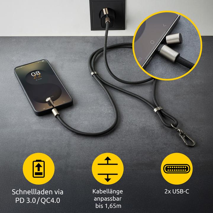 Produktbild Intenso Handykette als Lade- + Datenkabel USB-C bis 1,65m schwarz (1.65 m, USB 2.0, 60 W)