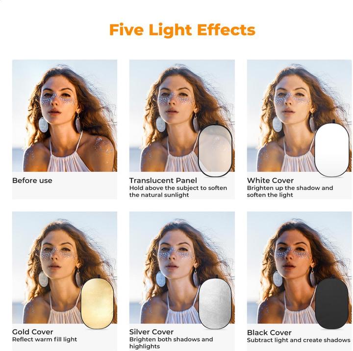 Actual product image K&F Concept 5-in-1 Foldable Reflector With Carrying Bag, Including Gold, Silver, Black, White Reflective Cloth (Folding reflector, Reflector)
