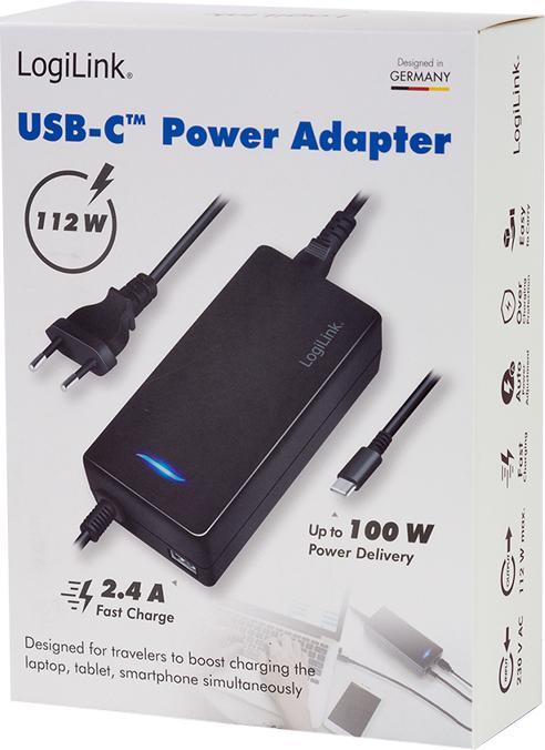 Productafbeelding LogiLink USB-C-bureaulader voor 2 apparaten, 1x USB-C PD & USB-A, 112 W (112 W, 1 portie)