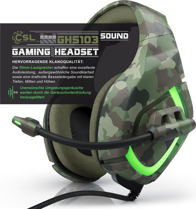Produktbild CSL Gaming Headset, USB "GHS-103" Camouflage mit Mikrofon, Over-Ear Kopfhörer für PC, PS4 / 4 Pro, PS5 (Kabelgebunden)