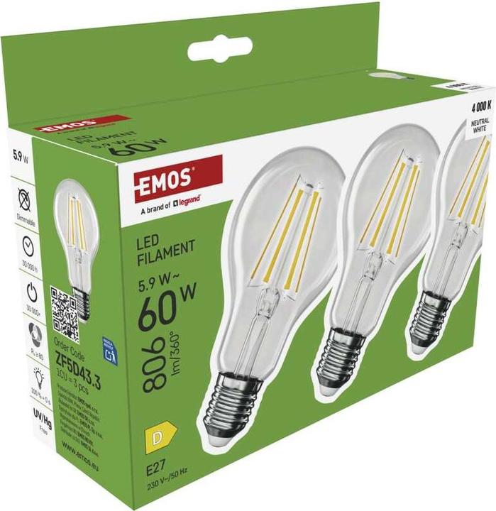 Image du produit Emos LED FLM A60 5,9W(60W) 806lm E27 NW 3PC (E27, 806 lm, 3x)