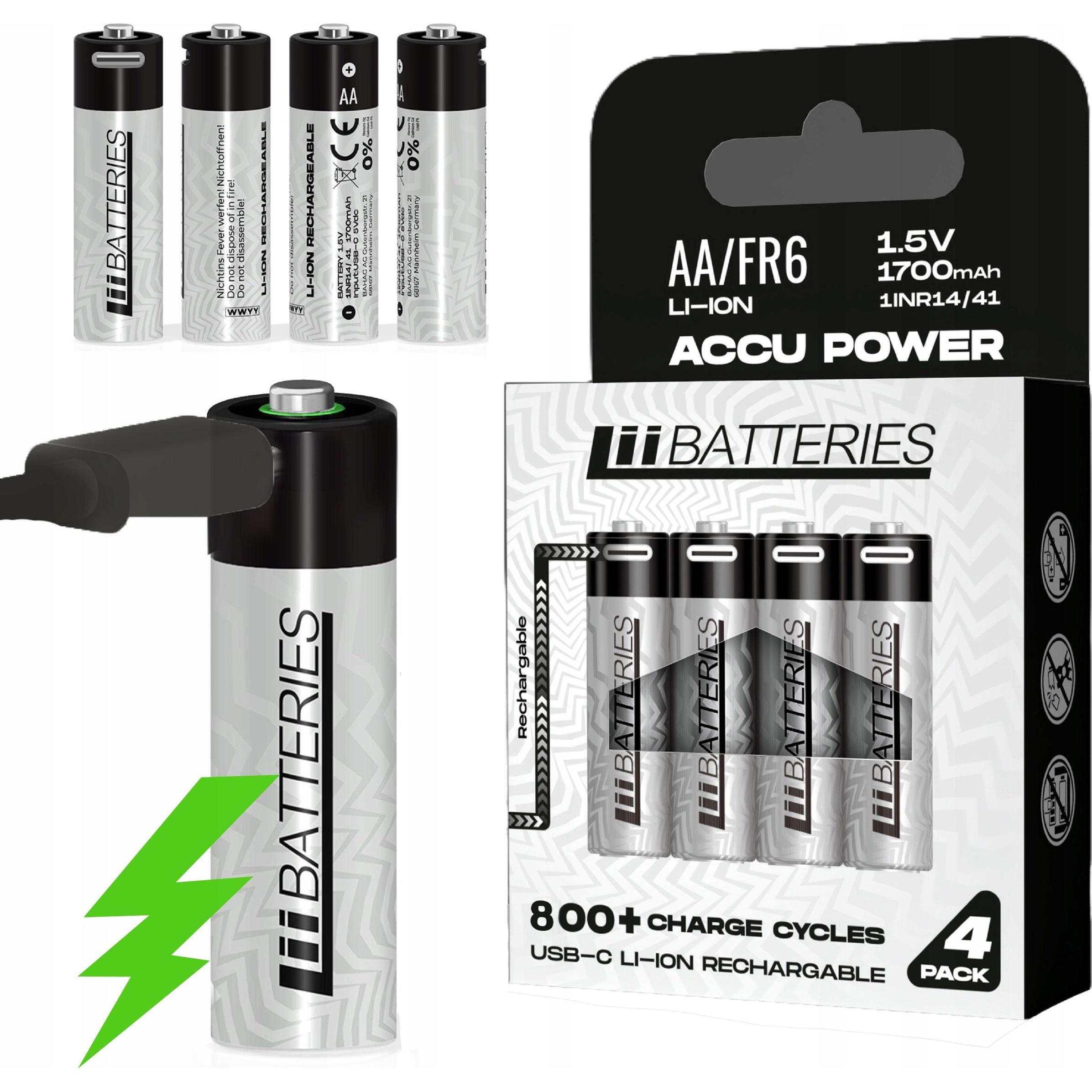 LiiBateries Batterie ad accumulo Li-On Tipo AA 4szt (4 pz., AA / LR6 / LR06 / Mignon / R6 / R14505), Batterie + pile