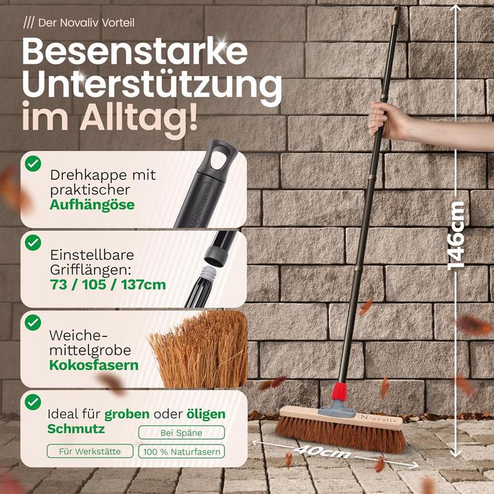 Immagine prodotto Novaliv Kokosbesen 40 cm mit Stiel Kokosborsten inkl. Kehrgarnitur verzinkt mit Gummilippe bestehend (1 pz.)