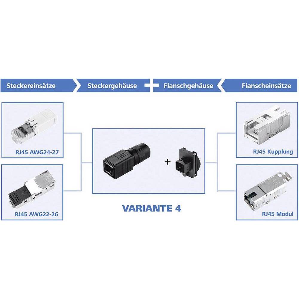 Thumbnail - Telegärtner RJ45 Steckverbinder Flanschset Variante 4, Elektronikkabel + Stecker, Schwarz