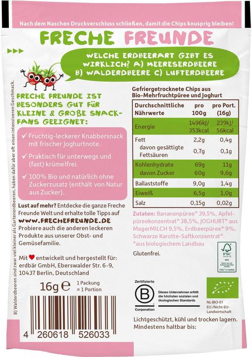 Valeurs nutritives et ingrédients Freche Freunde Chips de smoothie (16 g)