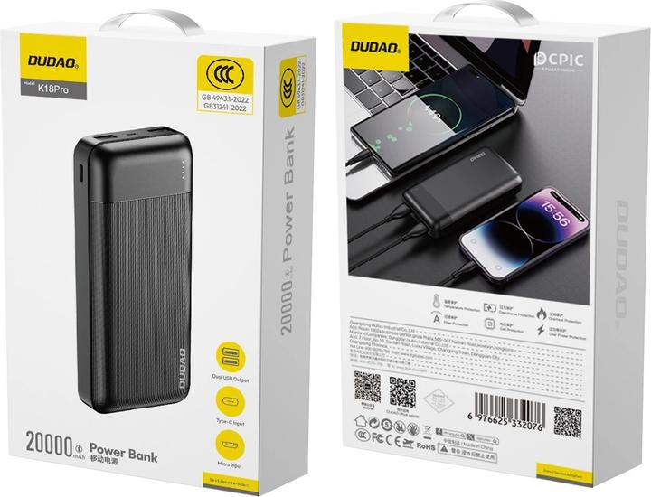 Image du produit Dudao Powerbank K18 Pro 20000mAh USB-A / USB-C / Micro USB - noir (20000 mAh, 10 W)