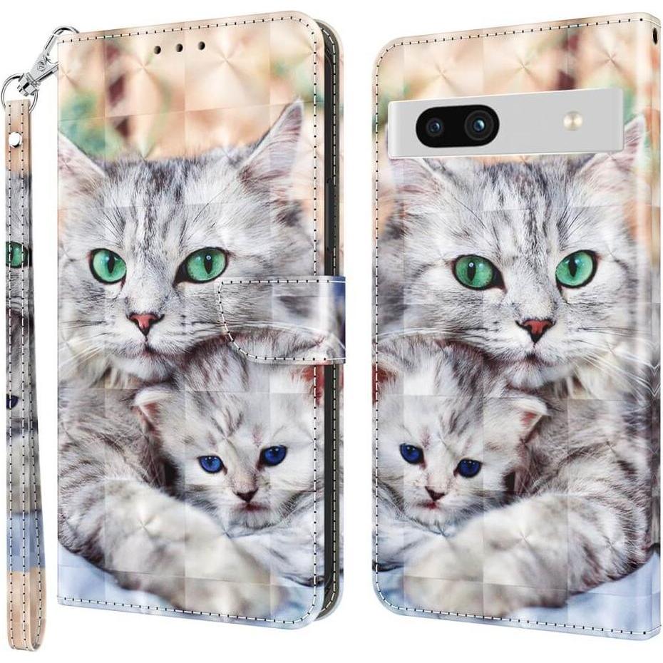 Cover-Discount Google Pixel 7a - Etui Glitzer Effekt Katzen (Google Pixel 7a), Smartphone Hülle, Grau