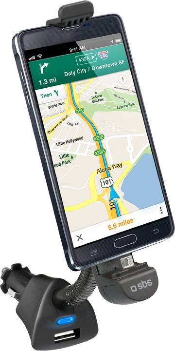 SBS Car holder charger with micro USB connector and USB port for smartphone up to 5,5Inc