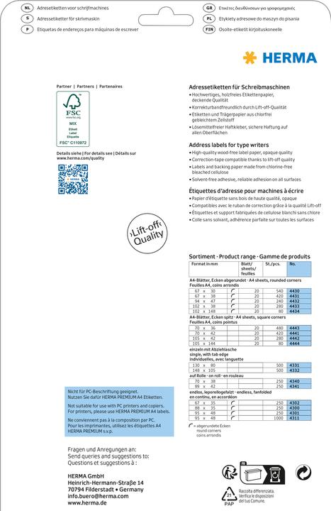 Produktbild HERMA Adressetiketten für Schreibmaschinen A4
